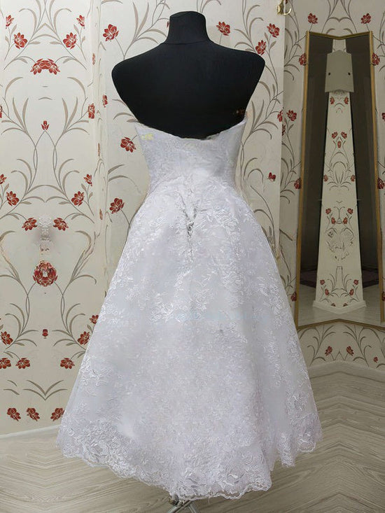 Lace Tea-length Wedding Dress with Sweetheart Neckline and Sashes/Ribbons