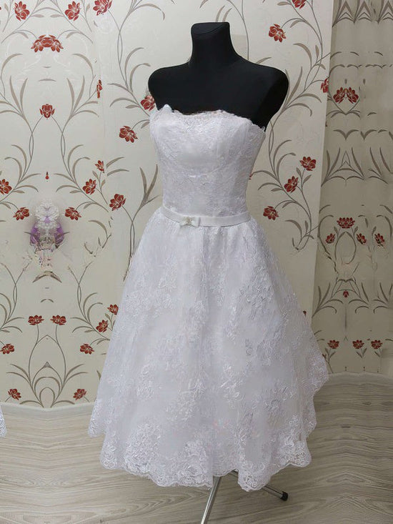 Lace Tea-length Wedding Dress with Sweetheart Neckline and Sashes/Ribbons