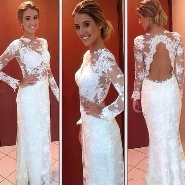 Elegant Sheath Column Illusion Wedding Dress with Appliques Lace