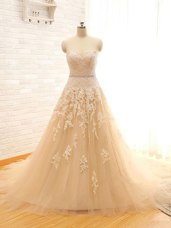 Beaded Sweetheart Tulle Ball Gown Wedding Dress with Chapel Train