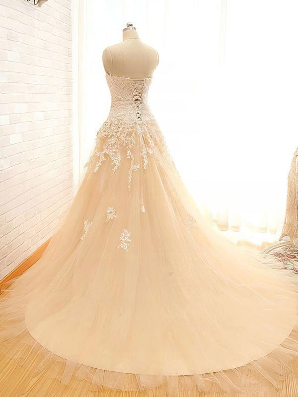 Beaded Sweetheart Tulle Ball Gown Wedding Dress with Chapel Train