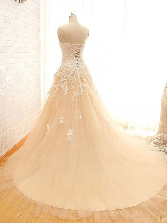 Beaded Sweetheart Tulle Ball Gown Wedding Dress with Chapel Train