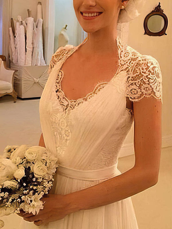 A-line V-neck Chiffon Wedding Dress with Appliques Lace and Sweep Train