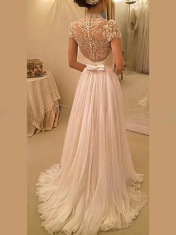 A-line V-neck Chiffon Wedding Dress with Appliques Lace and Sweep Train