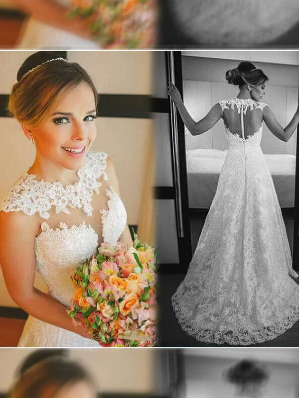 A-line Illusion Lace Sweep Train Wedding Dress With Appliques Lace