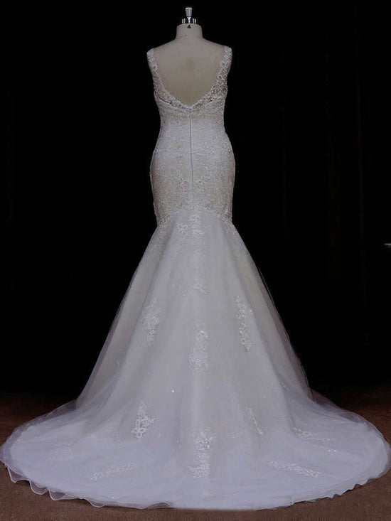 Beautiful Trumpet/Mermaid Wedding Dress with Beaded Illusion Tulle Sweep Train