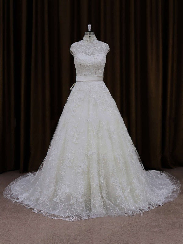 High Neck Lace Court Train Wedding Dress with Sashes/Ribbons