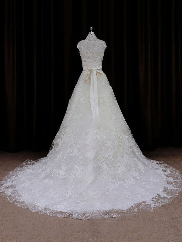 High Neck Lace Court Train Wedding Dress with Sashes/Ribbons