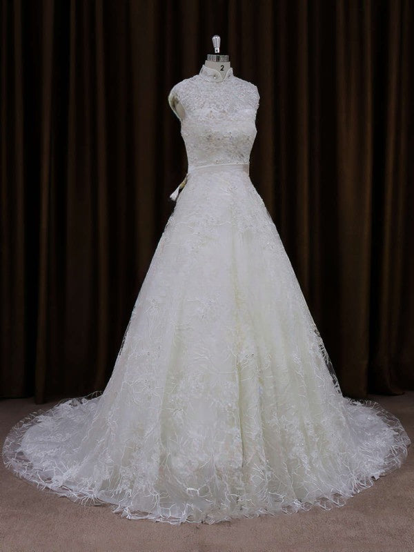 High Neck Lace Court Train Wedding Dress with Sashes/Ribbons