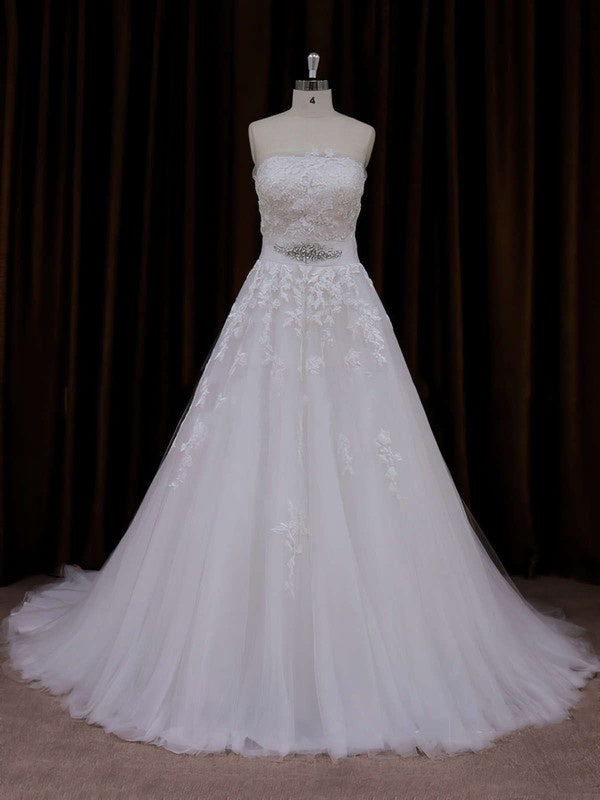 Straight Tulle Court Train Wedding Dresses With Sashes / Ribbons for Ball Gowns