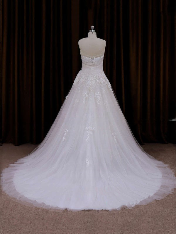 Straight Tulle Court Train Wedding Dresses With Sashes / Ribbons for Ball Gowns