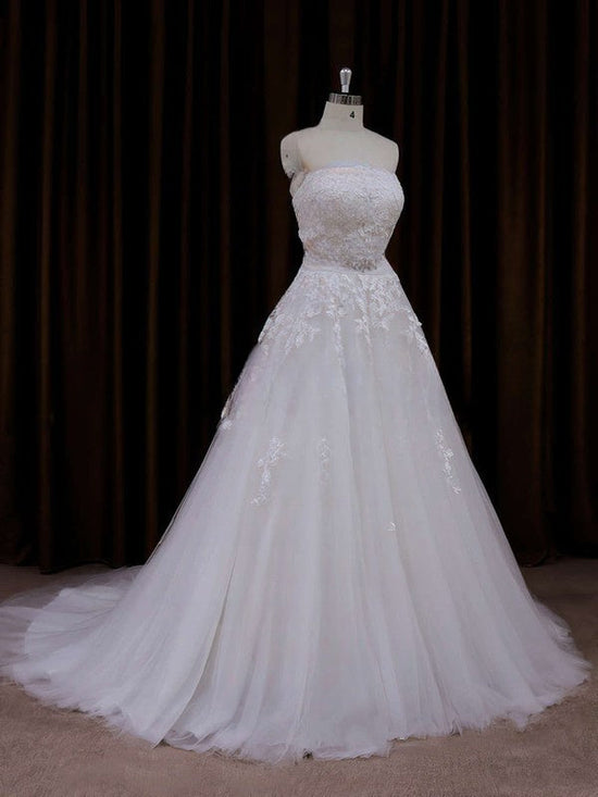 Straight Tulle Court Train Wedding Dresses With Sashes / Ribbons for Ball Gowns