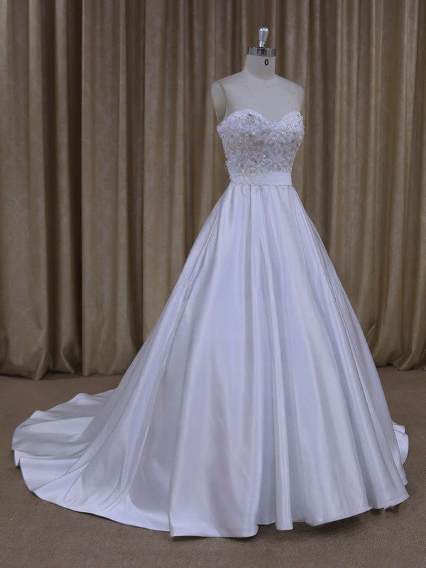 Ball Gown Sweetheart Satin Court Train Wedding Dress With Beading