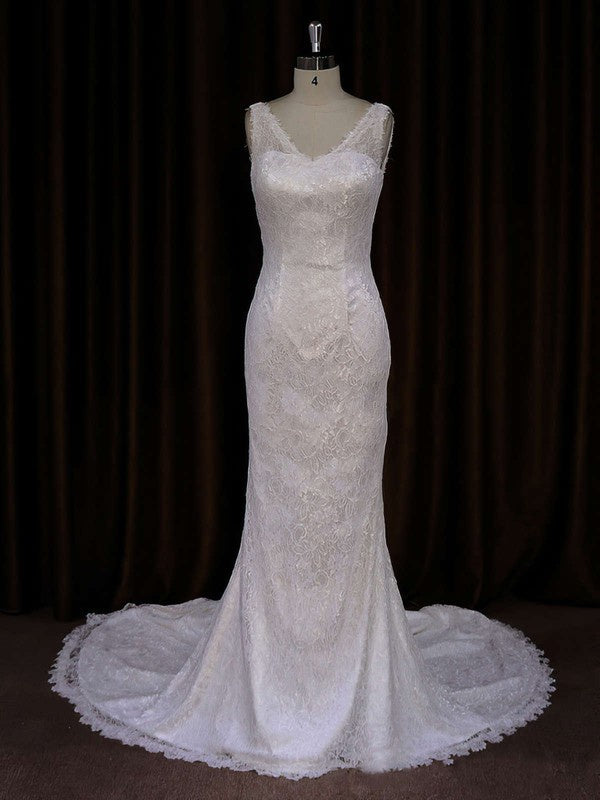 Elegant Trumpet/Mermaid V-neck Lace Chapel Train Wedding Dress With Buttons