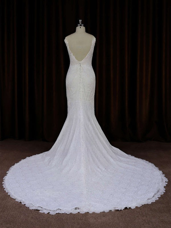 Elegant Trumpet/Mermaid V-neck Lace Chapel Train Wedding Dress With Buttons