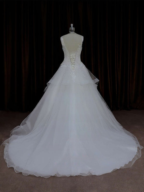 V-neck Ball Gown Tulle Wedding Dress With Beading and Court Train