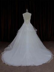 V-neck Ball Gown Tulle Wedding Dress With Beading and Court Train