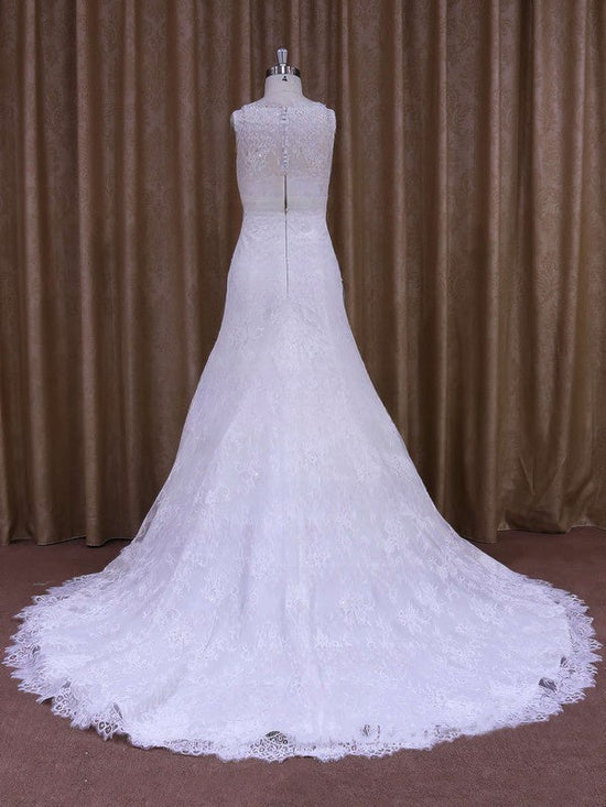 Mermaid Illusion Lace Court Train Wedding Dress with Beading and Trumpet