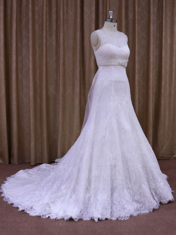 Mermaid Illusion Lace Court Train Wedding Dress with Beading and Trumpet