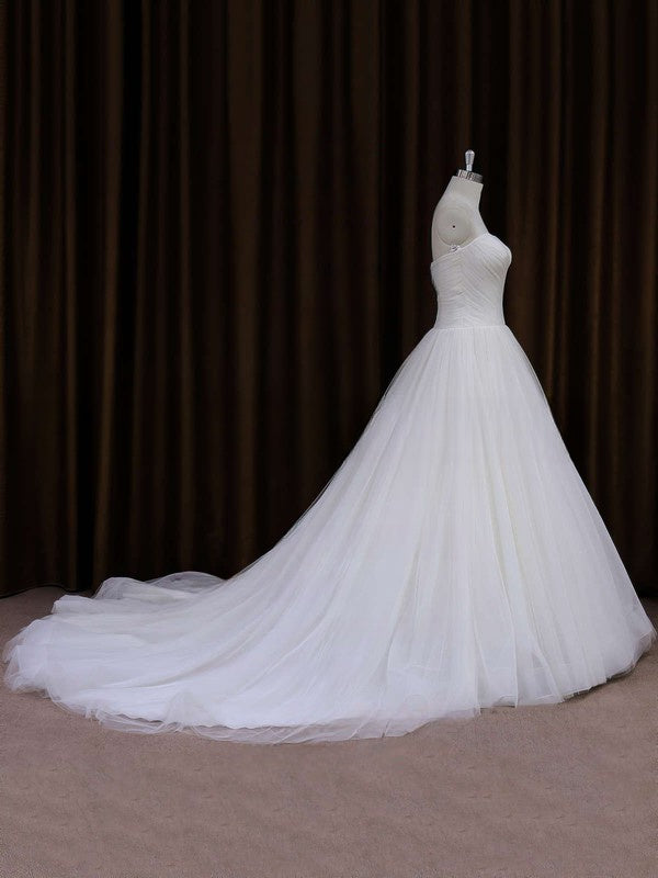 Ball Gown Sweetheart Tulle Chapel Train Wedding Dress With Ruffles