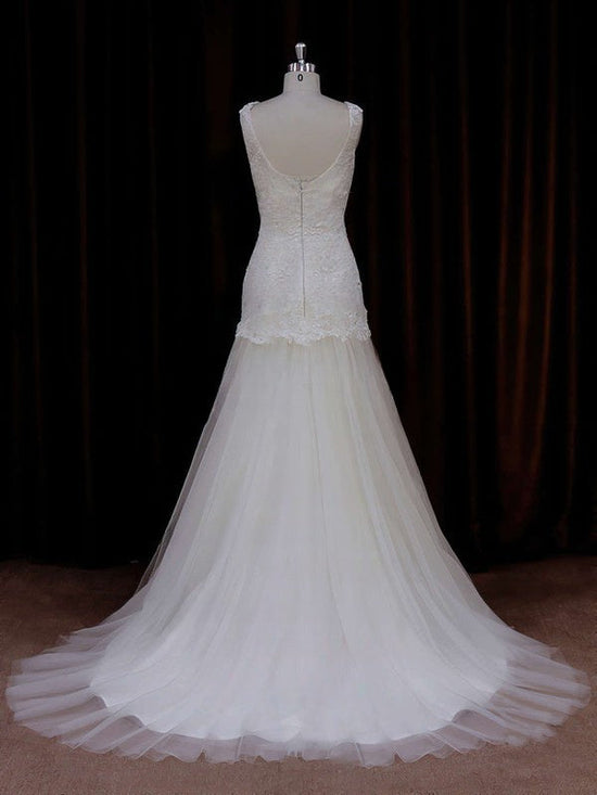 Stunning Tulle Mermaid Illusion Trumpet Wedding Dress with Appliques and Lace