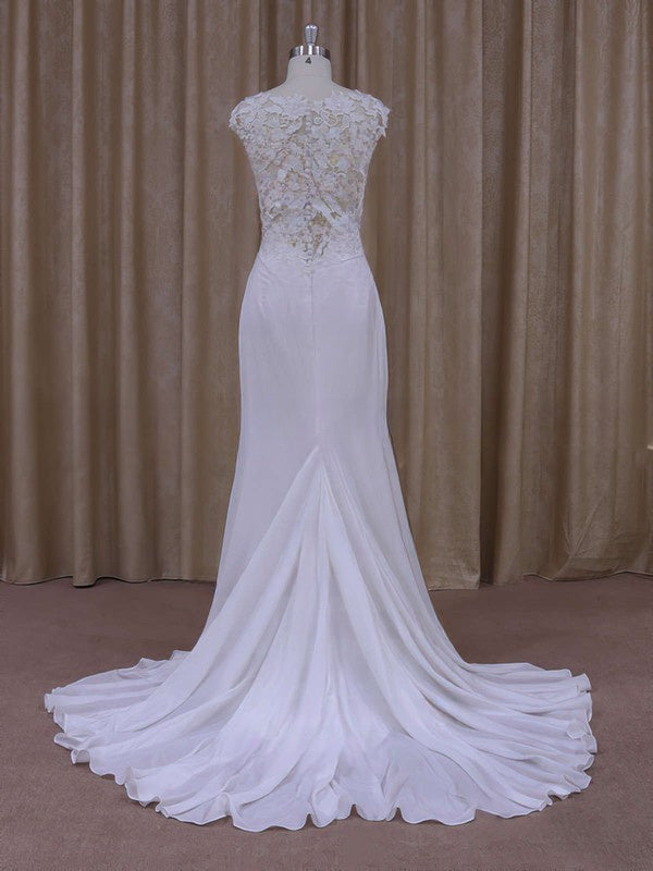 Beautiful Trumpet/Mermaid Illusion Chiffon Court Train Wedding Dress with Appliques Lace