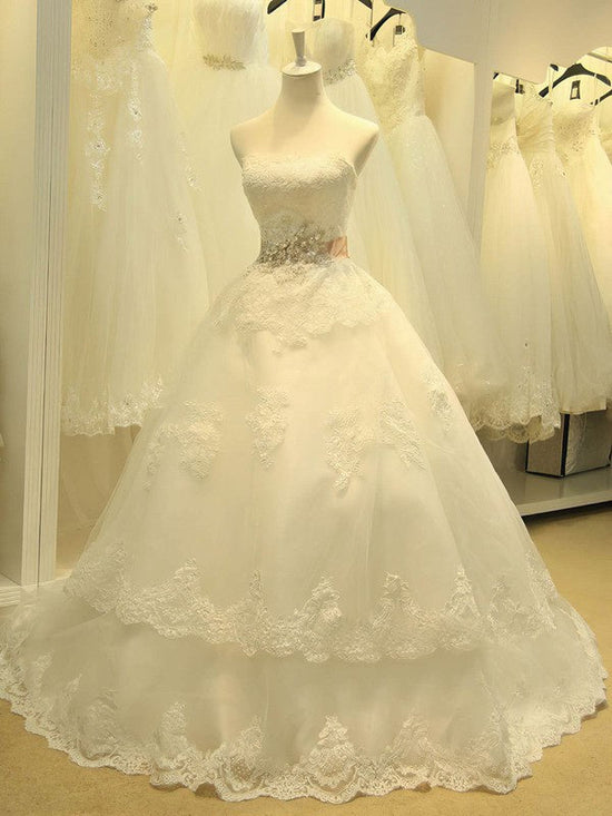 Organza Sweep Train Ball Gown Wedding Dresses with Appliques Lace