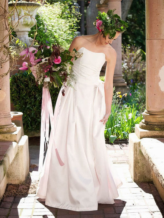 A-Line Straight Satin Floor-Length Wedding Dress with Ruffles