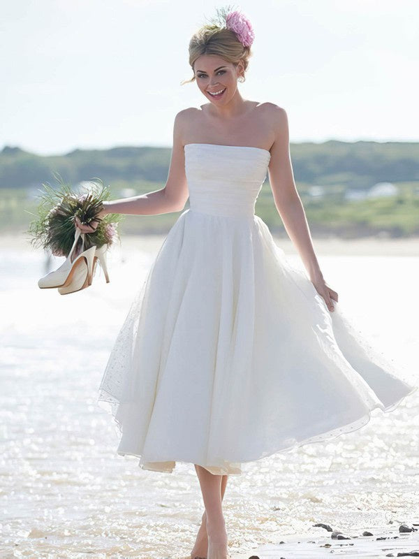 A-Line Straight Tulle Tea-Length Wedding Dress with Ruffles