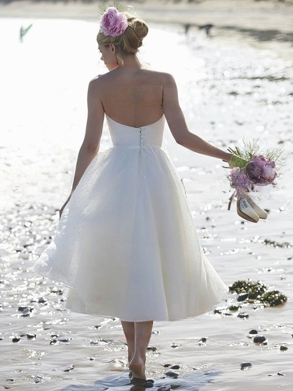 A-Line Straight Tulle Tea-Length Wedding Dress with Ruffles