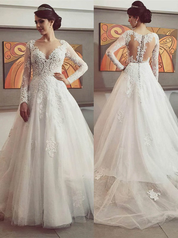 V-neck Tulle Wedding Dress with Appliques and Lace Sweep Train