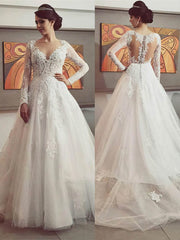V-neck Tulle Wedding Dress with Appliques and Lace Sweep Train