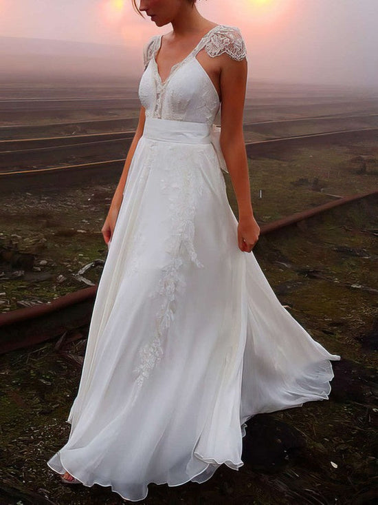 A-line V-neck Chiffon Sweep Train Wedding Dress with Beading