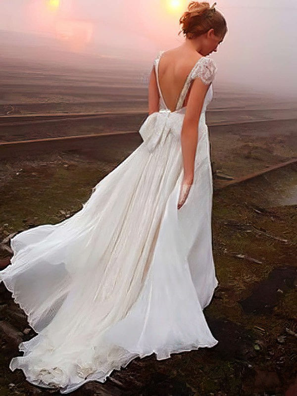 A-line V-neck Chiffon Sweep Train Wedding Dress with Beading