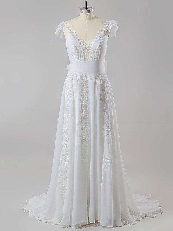 A-line V-neck Chiffon Sweep Train Wedding Dress with Beading