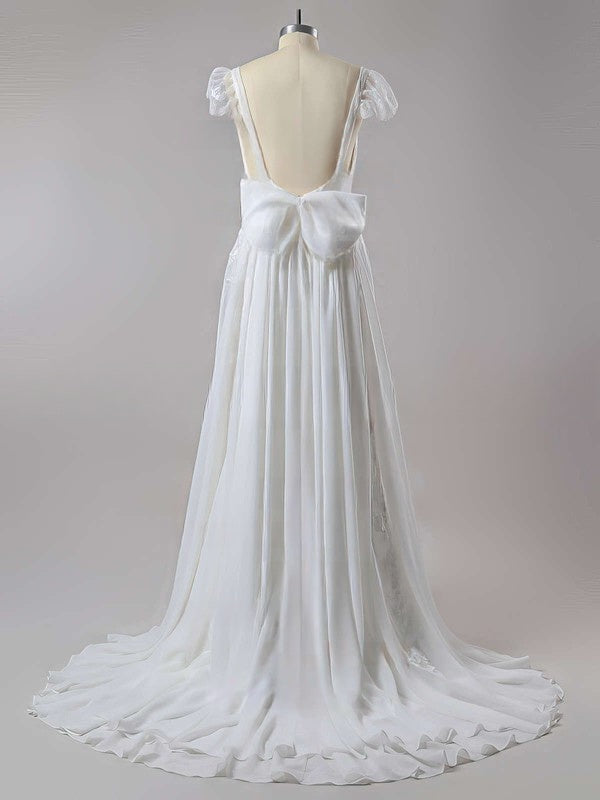 A-line V-neck Chiffon Sweep Train Wedding Dress with Beading