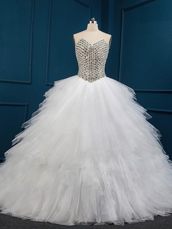 V-neck Tulle Chapel Train Wedding Dress with Crystal Detailing