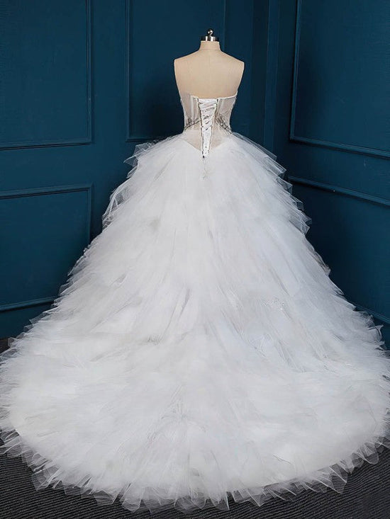 V-neck Tulle Chapel Train Wedding Dress with Crystal Detailing