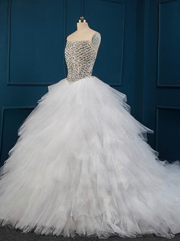 V-neck Tulle Chapel Train Wedding Dress with Crystal Detailing