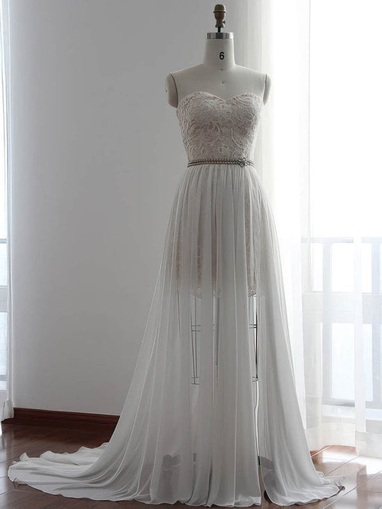 Sheath/Column Sweetheart Chiffon Sweep Train Wedding Dress With Lace