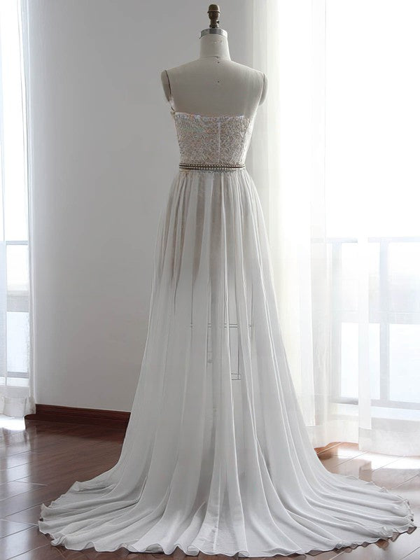 Sheath/Column Sweetheart Chiffon Sweep Train Wedding Dress With Lace