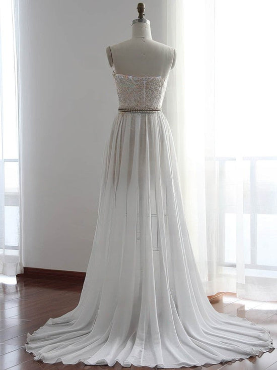 Sheath/Column Sweetheart Chiffon Sweep Train Wedding Dress With Lace