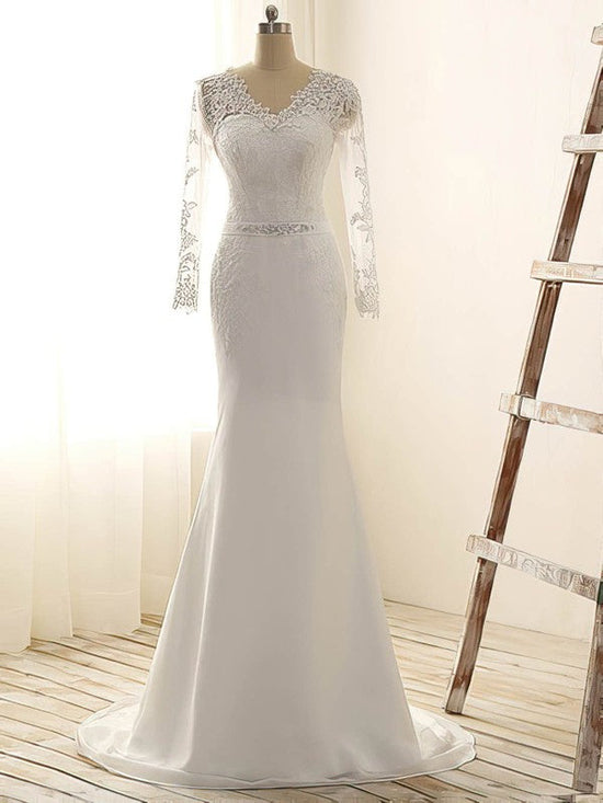 Elegant Trumpet/Mermaid V-neck Chiffon Sweep Train Wedding Dress with Appliques Lace