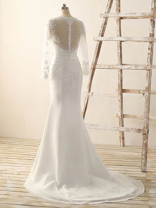 Elegant Trumpet/Mermaid V-neck Chiffon Sweep Train Wedding Dress with Appliques Lace