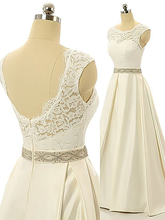 Illusion Satin Ball Gown Wedding Dress with Lace Appliques and Sweep Train