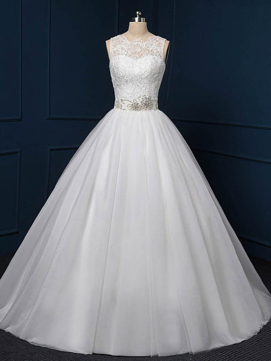 Elegant Ball Gown Illusion Tulle Sweep Train Wedding Dresses With Appliques Lace