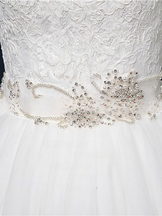 Elegant Ball Gown Illusion Tulle Sweep Train Wedding Dresses With Appliques Lace