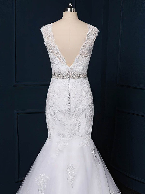 Beautiful Trumpet/Mermaid Illusion Tulle Sweep Train Wedding Dress With Beading