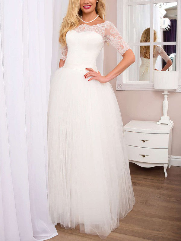 Illusion Tulle Floor-length Wedding Dresses with Lace for a Ball Gown Look