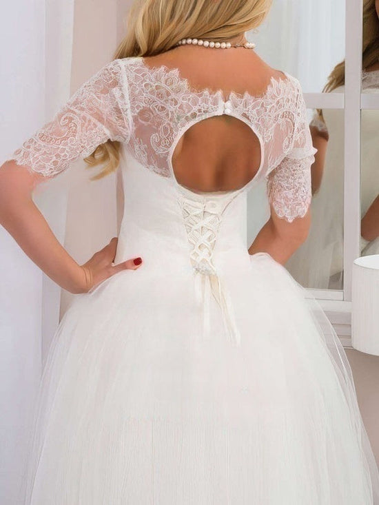 Illusion Tulle Floor-length Wedding Dresses with Lace for a Ball Gown Look